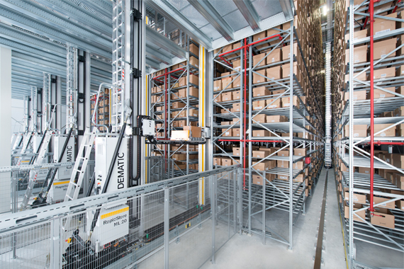 DEMATIC storage retrieval system with igus® guidelok guide trough